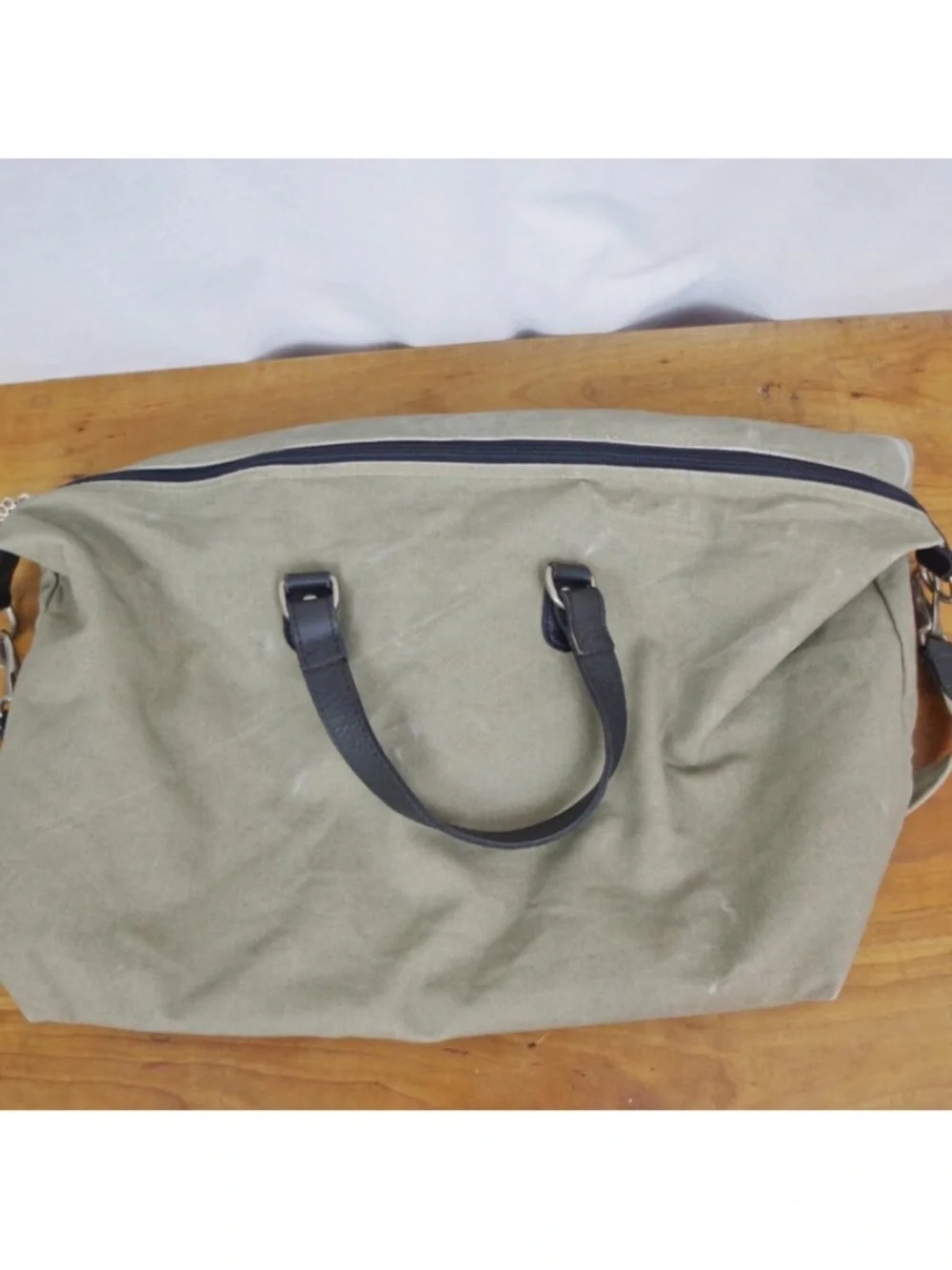 Crate & Barrel Zip Top Canvas Weekender Duffel Bag in Olive with Black Handles